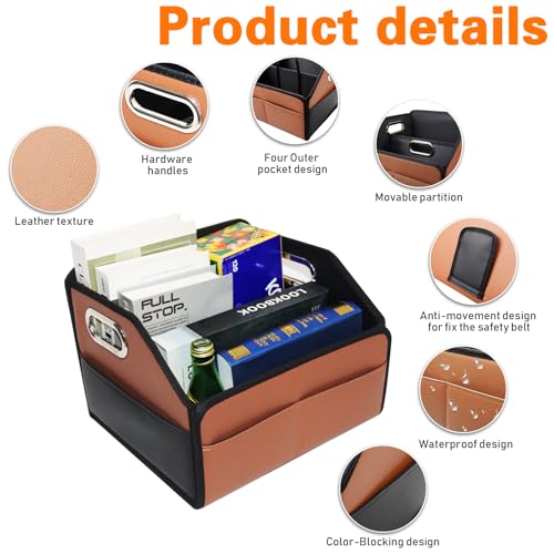 Noaman Car Organizer 2025 Upgraded Leather Car Storage Organizer for Front Back Seat or Floor with 3 Metal Handles 6 Apartments Multipurpose Car Organizers and Storage Brown - Image 3