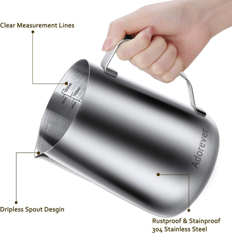 Adorever Milk Frothing Pitcher 1500ml/50oz Steaming Pitchers Stainless Steel Milk Coffee Cappuccino Latte Art Barista Steam Pitchers Milk Jug Cup with Decorating Art Pen, Sliver Water rust proof - Image 2