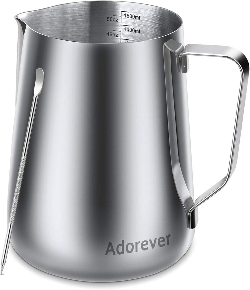 Adorever Milk Frothing Pitcher 1500ml/50oz Steaming Pitchers Stainless Steel Milk Coffee Cappuccino Latte Art Barista Steam Pitchers Milk Jug Cup with Decorating Art Pen, Sliver Water rust proof - Image 1