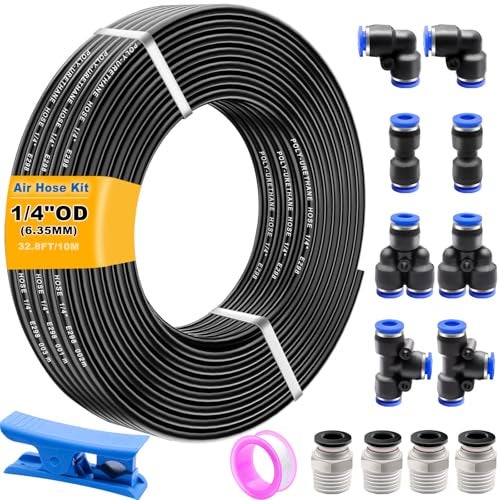 weideer Air Line Tubing Kit,1/4" Air Hose,1/4" (6.35MM) OD 32.8FT Polyurethane PU Air Hose Tube, air line with Push To Connect Fittings,14 Pcs Compressed Accessories Kit - Image 1