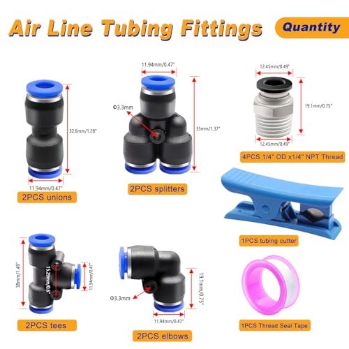 weideer Air Line Tubing Kit,1/4" Air Hose,1/4" (6.35MM) OD 32.8FT Polyurethane PU Air Hose Tube, air line with Push To Connect Fittings,14 Pcs Compressed Accessories Kit - Image 3