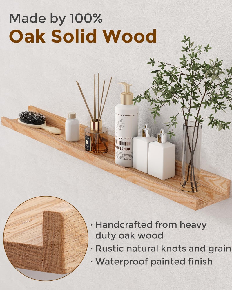 Axeman Oak Picture Ledge Shelf, 24 Inch Floating Shelves Set of 2, Solid Oak Wood Wall Shelves with Lip, Wall Decor Storage for Bedroom Living Room Bathroom Kitchen Nursery Photo Picture, Natural Oak - Image 2