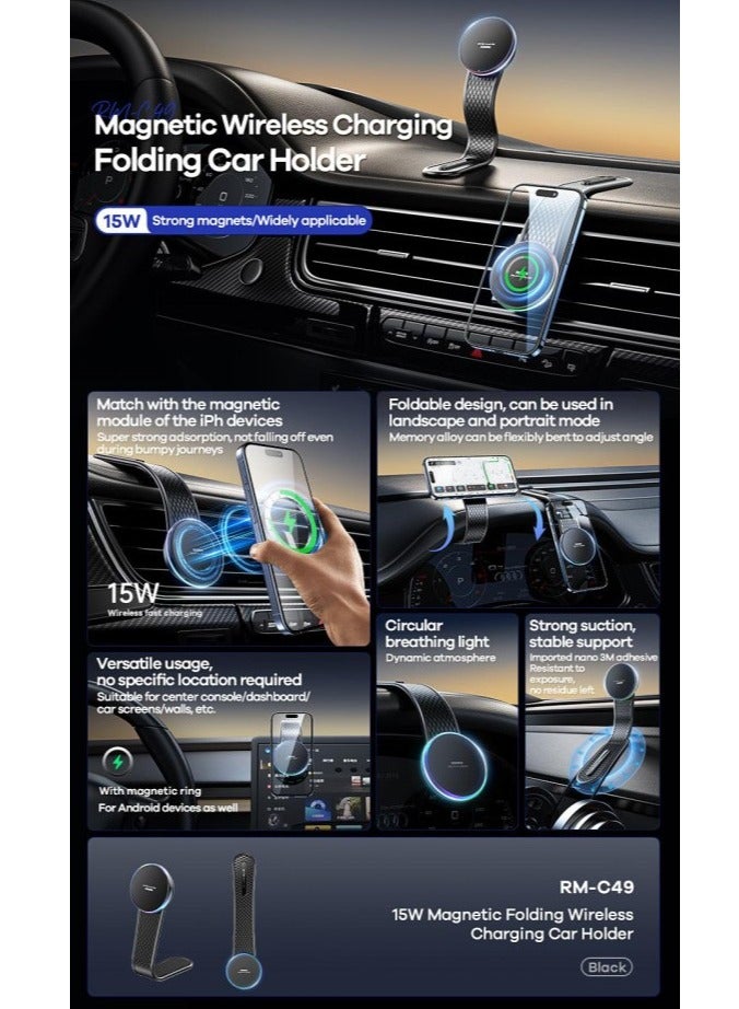 REMAX 15W Magnetic Wireless Car Charger – Foldable Dashboard & Air Vent Phone Holder, Strong Suction, 360° Rotatable for iPhone 15/14/13/12 & MagSafe Devices - Image 4