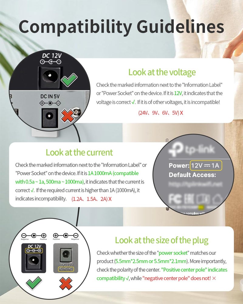 FlickerStar 12V 1A Adapter Power Supply 【12 Volts 1 Amps】 100V~240V AC to DC Plug 5.5 x 2.1mm u0026 2.5mm for 12volt 100mA 200mA 300mA 400mA 500mA 600mA 800mA 900mA 1000mA Equipment, Extra Long 6ft Cord - Image 5