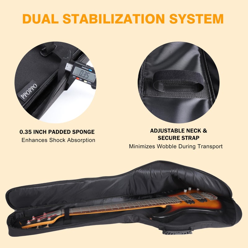 PPOPPO Bass Guitar Case, 0.35" Thick Padding, Bass Gig Bag with Neck Fixed Strap, Water-Resistant Oxford Fabric, Soft Bass Guitar Bag with Adjustable Shoulder Straps & Back Hanger Loop - Image 4