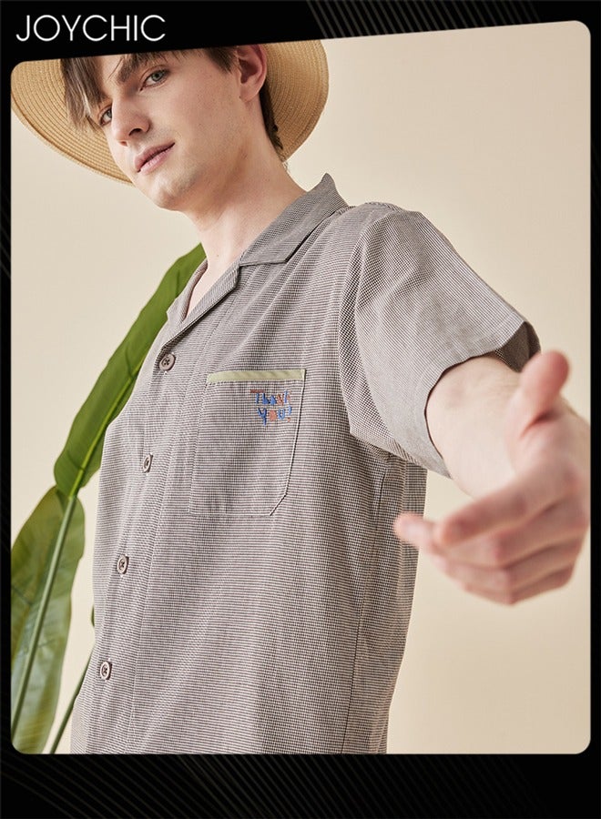 Joychic Modern Style Summer Fairy Shiled Fabric Short-sleeved Long Pants Pajama Set Skin-friendly Breathable Men's Home Clothes Button Front Bedroom Sleepwear Grey with Pockets - Image 4