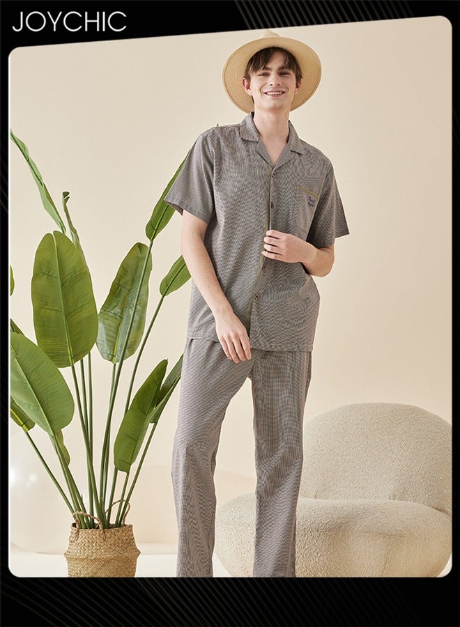 Joychic Modern Style Summer Fairy Shiled Fabric Short-sleeved Long Pants Pajama Set Skin-friendly Breathable Men's Home Clothes Button Front Bedroom Sleepwear Grey with Pockets - Image 1