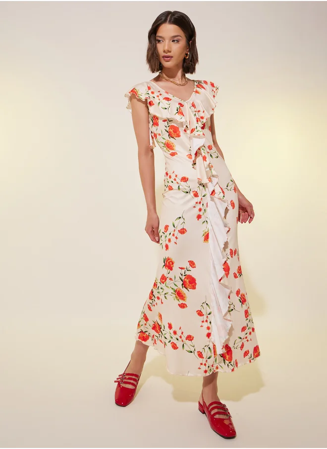 Styli All-Over Floral Print Ruffled Detail Bodycon Midi Dress