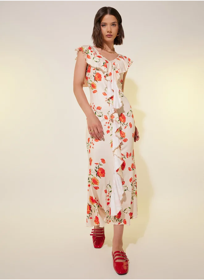 Styli All-Over Floral Print Ruffled Detail Bodycon Midi Dress
