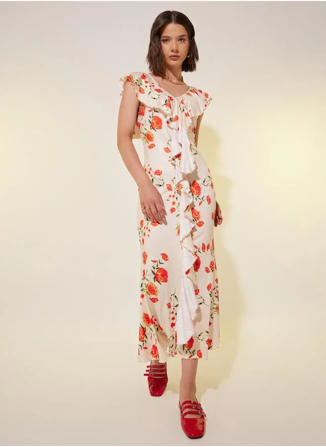 تايك تو Take Two All-Over Floral Print Ruffled Detail Bodycon Midi Dress