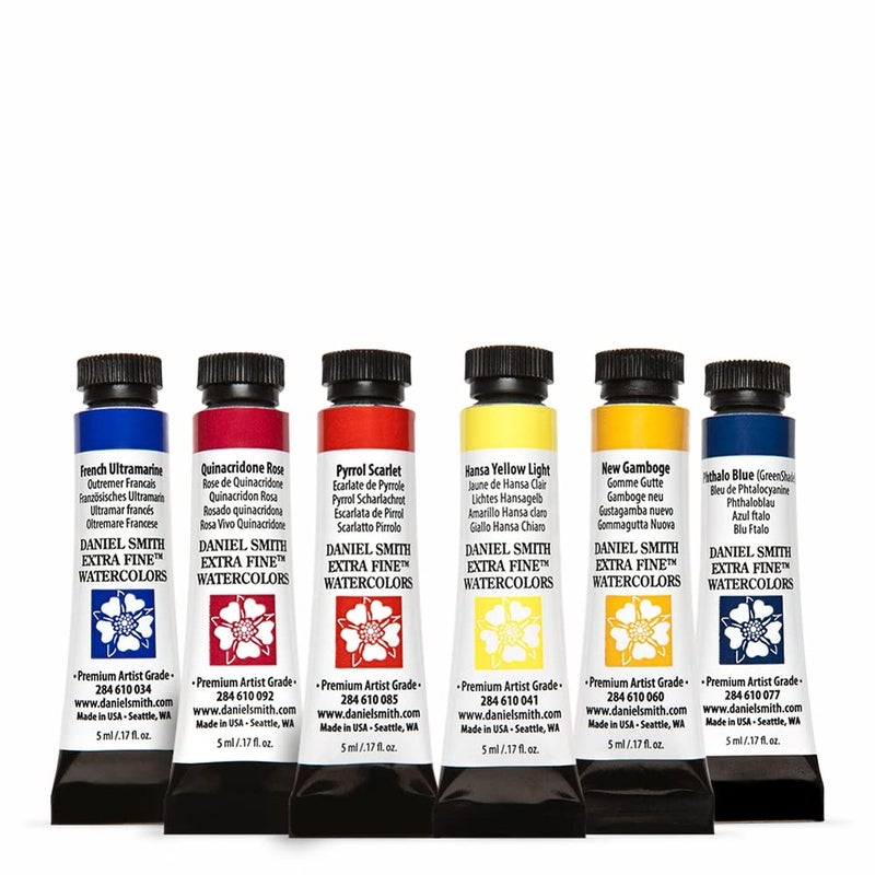 DANIEL SMITH 285610005 Extra Fine Essentials Introductory Watercolor, 6 Tubes, 5ml, Blue/Transparent/Yellow, 0.17 Fl Oz (Pack of 6) - Image 1
