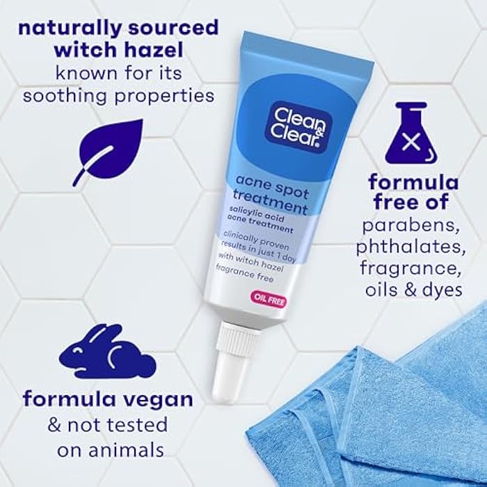 Clean & Clear Acne Spot Treatment Gel Cream with 2% Salicylic Acid, Oil-Free Topical Acne Treatment with Witch Hazel for Clinically Proven Results in 1 Day, Fragrance Free, 0.75 fl. oz - Image 5