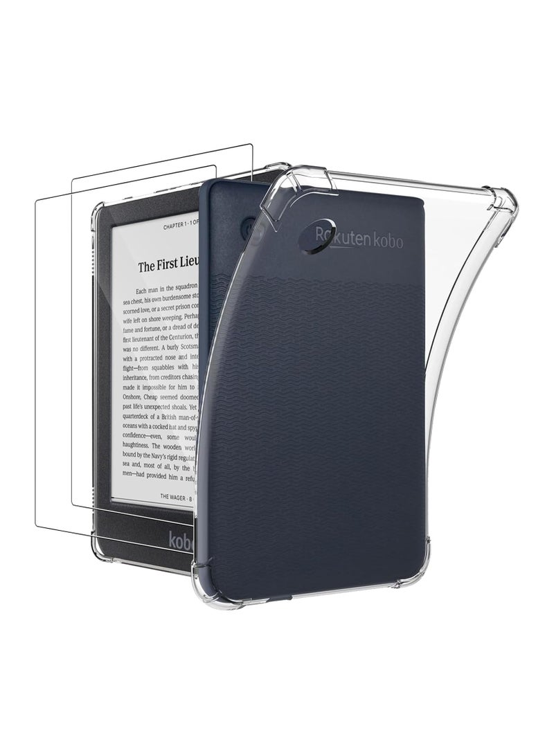 غلاف واقٍ شفاف مناسب لجهاز Kobo Clara BW / Kobo Clara Colour مقاس 6 بوصة، زوايا مقواة، غلاف واقٍ شديد النحافة ومقاوم للصدمات، من مادة TPU المرنة والناعمة المضادة للانزلاق والواقية من السقوط، مع قطعتين من الزجاج المقوى. - Image 1