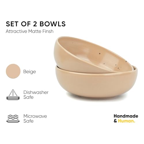 Shay Ceramic Pasta Bowl Set, 18Cm, 2 Pieces, Beige | Glossy Finish | Stoneware Serving Bowls | Deep Plate | Ceramic Bowl | Blate - Beige, 800 Ml - Image 3