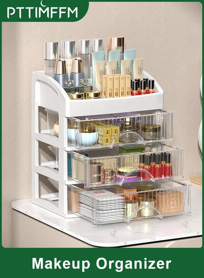 PTTIMFFM 3-Layer Makeup Organizer with Transparent Drawers, Large-Capacity Vanity Storage Box for Cosmetics, Skincare, Accessories - Image 1