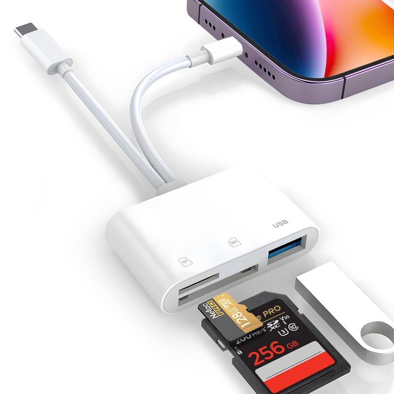 Denlane SD Card Reader for iPhone iPad Mac, Digital Camera Adapter to iPhone Lightning & USB C Dual Connector, Trail Camera Memory Card Viewer with SD/Micro SD/USB-A 3 Slot, No App Plug and Play - Image 1