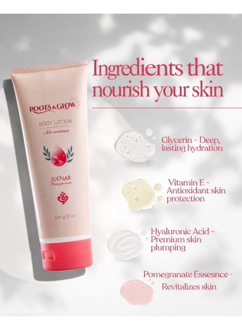 Roots & Glow Body Lotion for Women – 226ml Pomegranate Moisturizing Body Lotion – Deep Hydration for Dry Skin, All Skin Types – Fast Absorbing, No Residue – Roots & Glow Julnar - Image 3