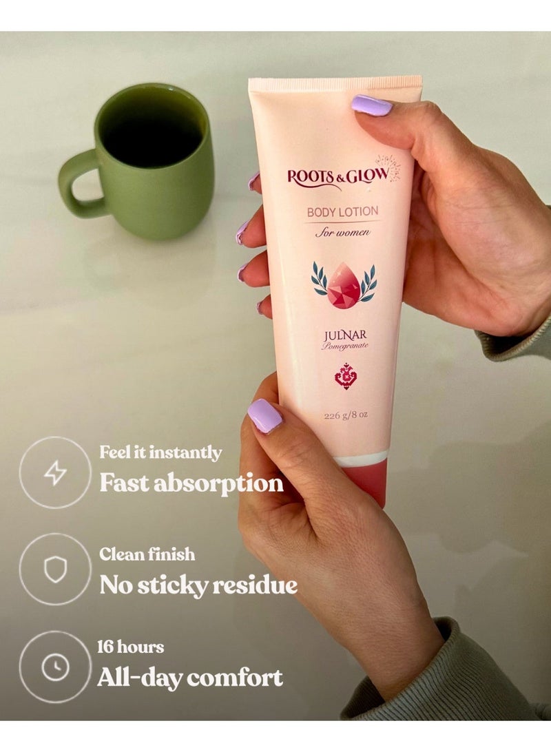 Roots & Glow Body Lotion for Women – 226ml Pomegranate Moisturizing Body Lotion – Deep Hydration for Dry Skin, All Skin Types – Fast Absorbing, No Residue – Roots & Glow Julnar - Image 2