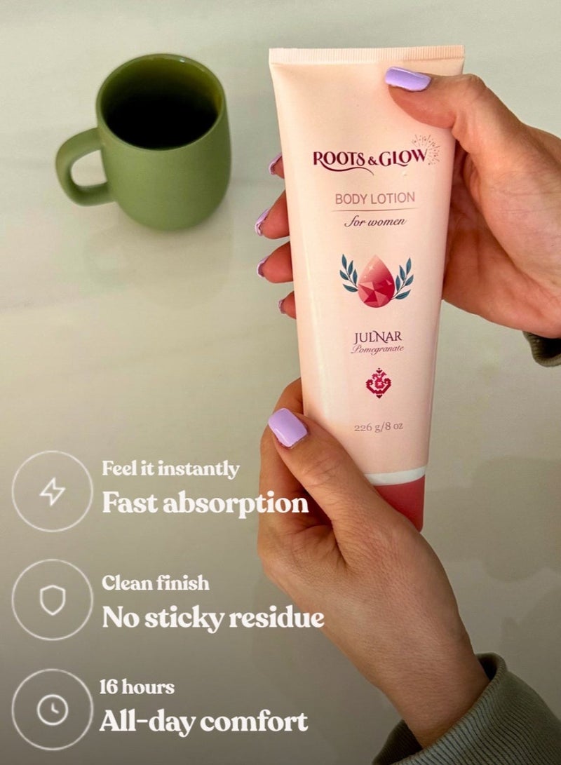 Roots & Glow Body Lotion for Women – Julnar 226ml Pomegranate Moisturizing Lotion with Vitamin E – Paraben-Free, Deep Hydration for Dry Skin – Fast Absorbing, No Residue – Roots & Glow - Image 3