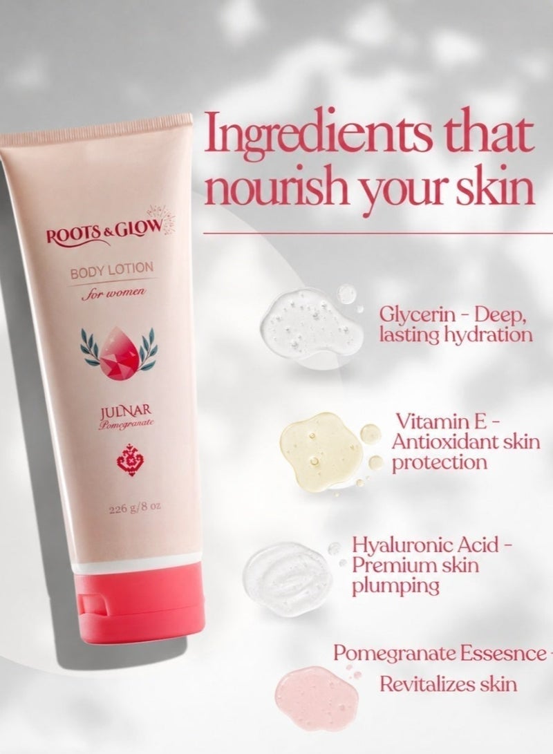 Roots & Glow Body Lotion for Women – Julnar 226ml Pomegranate Moisturizing Lotion with Vitamin E – Paraben-Free, Deep Hydration for Dry Skin – Fast Absorbing, No Residue – Roots & Glow - Image 4