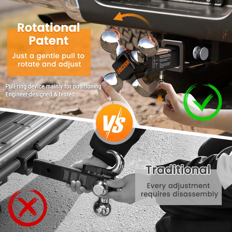 ORCISH 360Â° Swivel Trailer Hitch, Tri-Ball Mount with Pin & Heavy Duty Hook, Chrome-Plated Trailer Ball Size 1-7/8", 2" and 2-5/16", Fit 2 Inch Hitch Receiver, Rotating Ball Hitch, Towing Hitch - Image 2