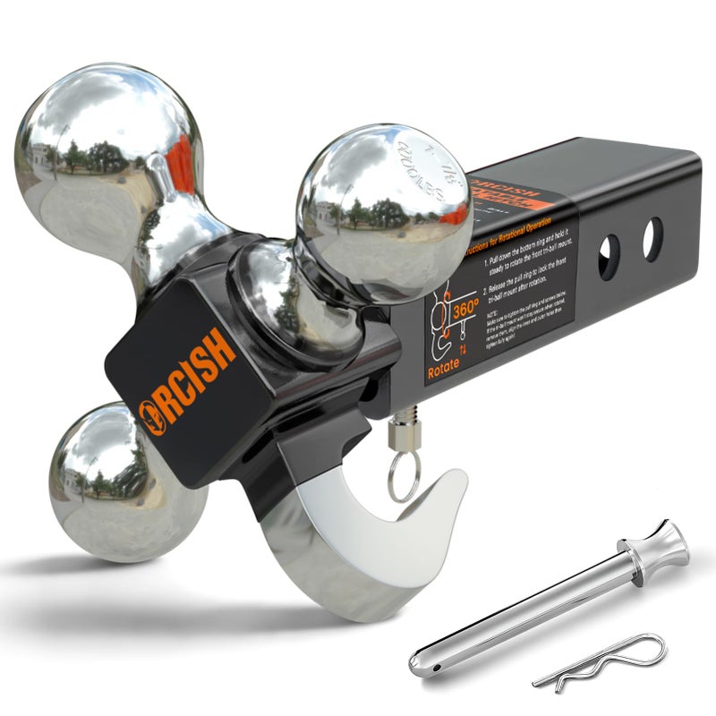ORCISH 360Â° Swivel Trailer Hitch, Tri-Ball Mount with Pin & Heavy Duty Hook, Chrome-Plated Trailer Ball Size 1-7/8", 2" and 2-5/16", Fit 2 Inch Hitch Receiver, Rotating Ball Hitch, Towing Hitch - Image 1