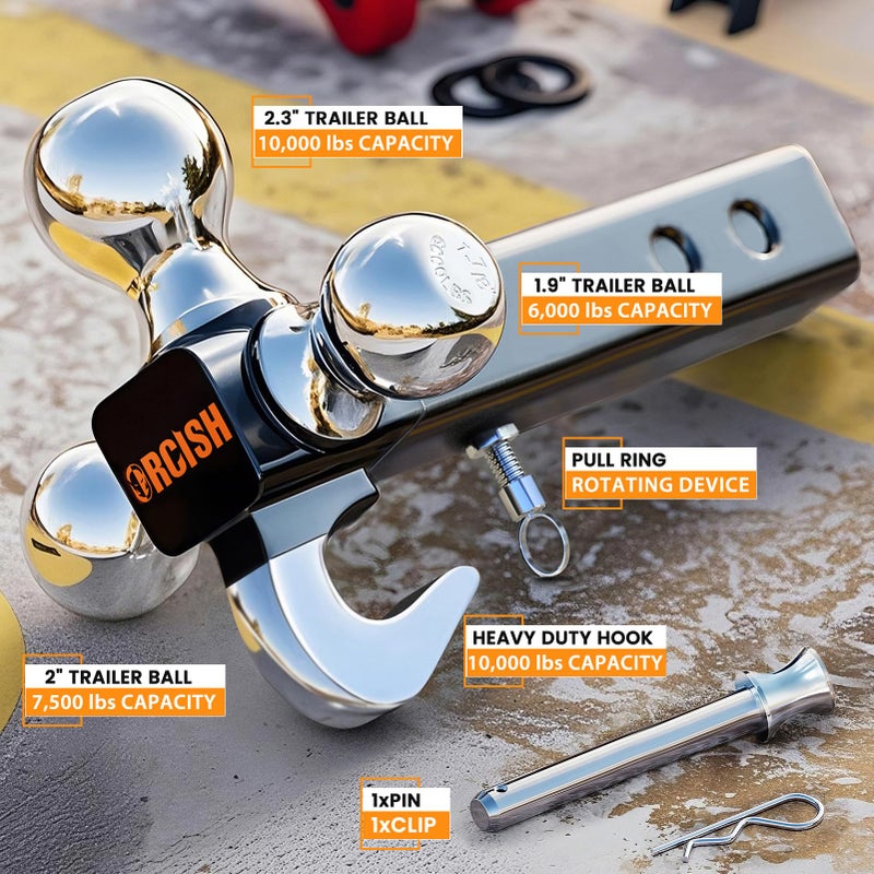 ORCISH 360Â° Swivel Trailer Hitch, Tri-Ball Mount with Pin & Heavy Duty Hook, Chrome-Plated Trailer Ball Size 1-7/8", 2" and 2-5/16", Fit 2 Inch Hitch Receiver, Rotating Ball Hitch, Towing Hitch - Image 4