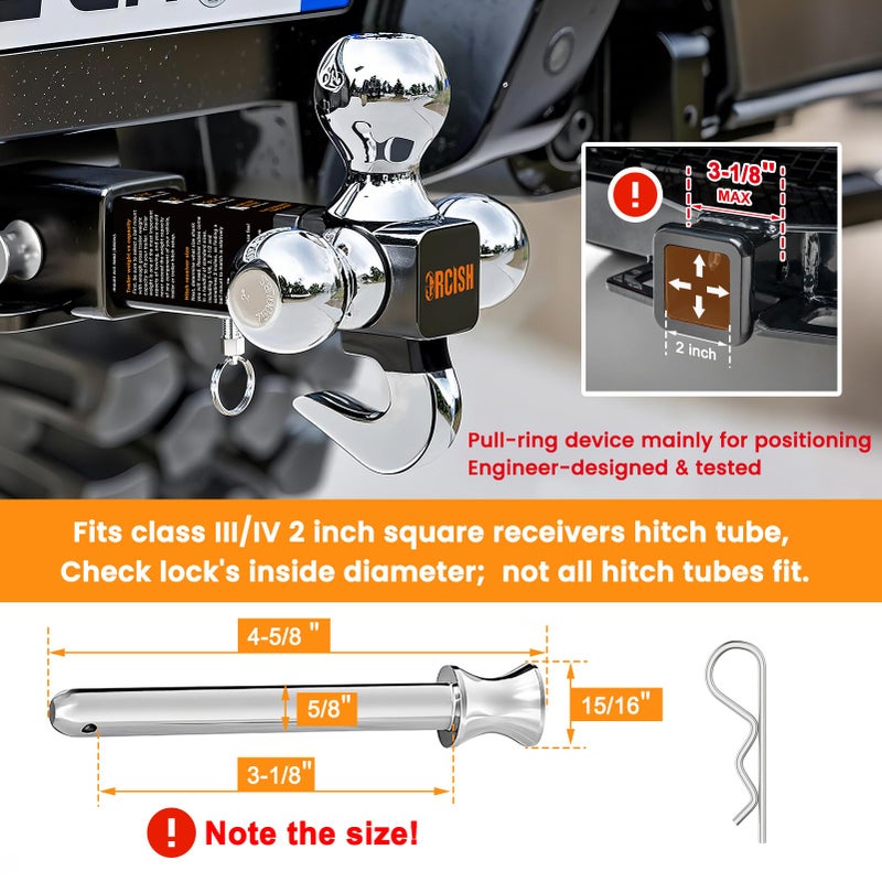 ORCISH 360Â° Swivel Trailer Hitch, Tri-Ball Mount with Pin & Heavy Duty Hook, Chrome-Plated Trailer Ball Size 1-7/8", 2" and 2-5/16", Fit 2 Inch Hitch Receiver, Rotating Ball Hitch, Towing Hitch - Image 5