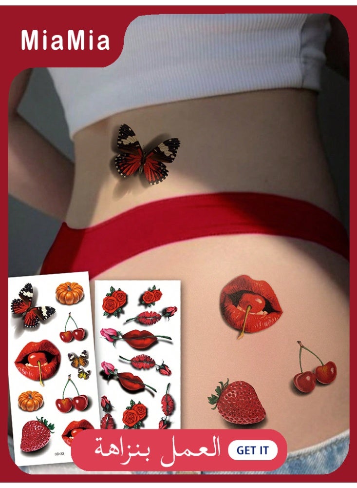 ميأميأ 4 قطع من ملصقات الوشم المؤقتة الكبيرة للنساء، وشم مؤقت بتصميم ثلاثي الأبعاد، يشتمل على طبعة شفاه حمراء، فراشة، وردة، فراولة، وتوت، يعتمد على قاعدة مائية، يدوم من 2 إلى 5 أيام، يمكن استخدامها على الذراعين، المعصمين، الكتفين، الساقين، الخصر، الرقبة، اليدين، الصدر، الأفخاذ، باللون الأحمر - Image 1