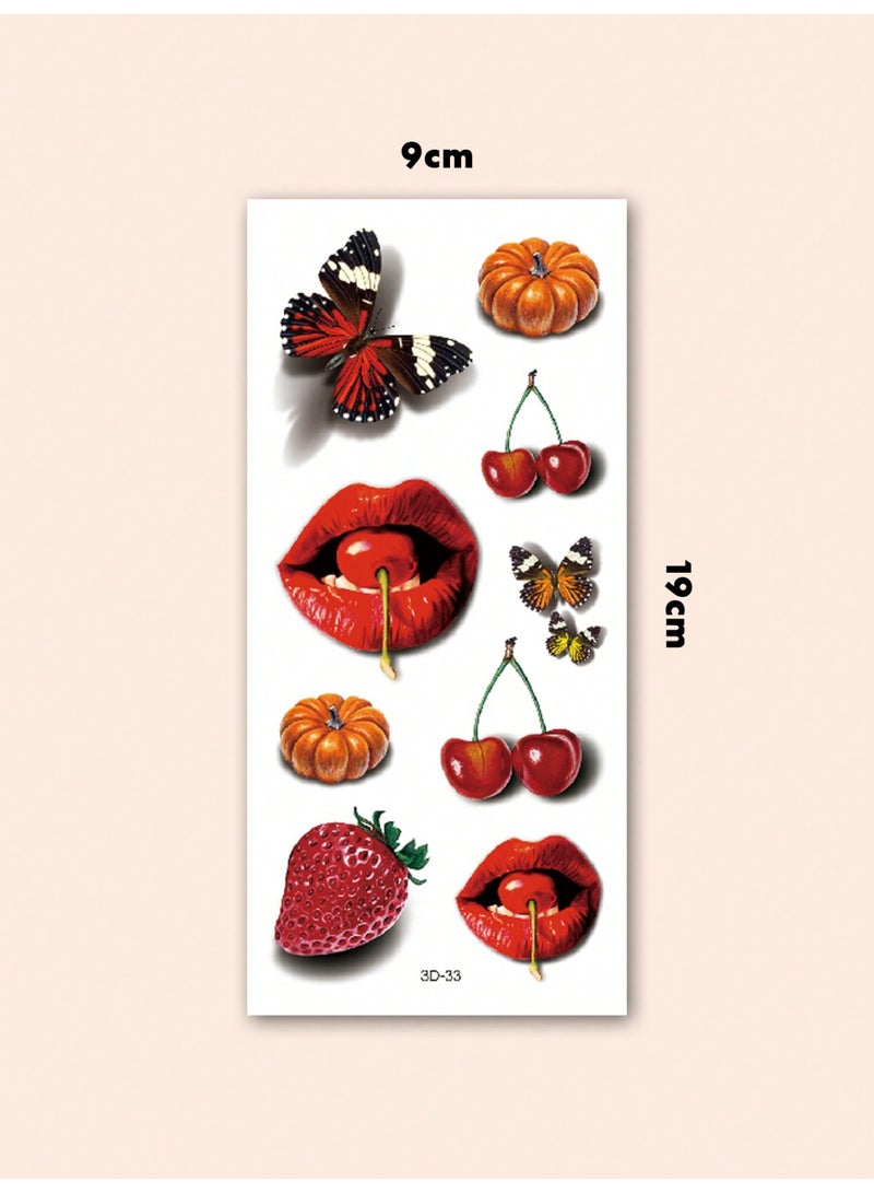 ميأميأ 4 قطع من ملصقات الوشم المؤقتة الكبيرة للنساء، وشم مؤقت بتصميم ثلاثي الأبعاد، يشتمل على طبعة شفاه حمراء، فراشة، وردة، فراولة، وتوت، يعتمد على قاعدة مائية، يدوم من 2 إلى 5 أيام، يمكن استخدامها على الذراعين، المعصمين، الكتفين، الساقين، الخصر، الرقبة، اليدين، الصدر، الأفخاذ، باللون الأحمر - Image 5