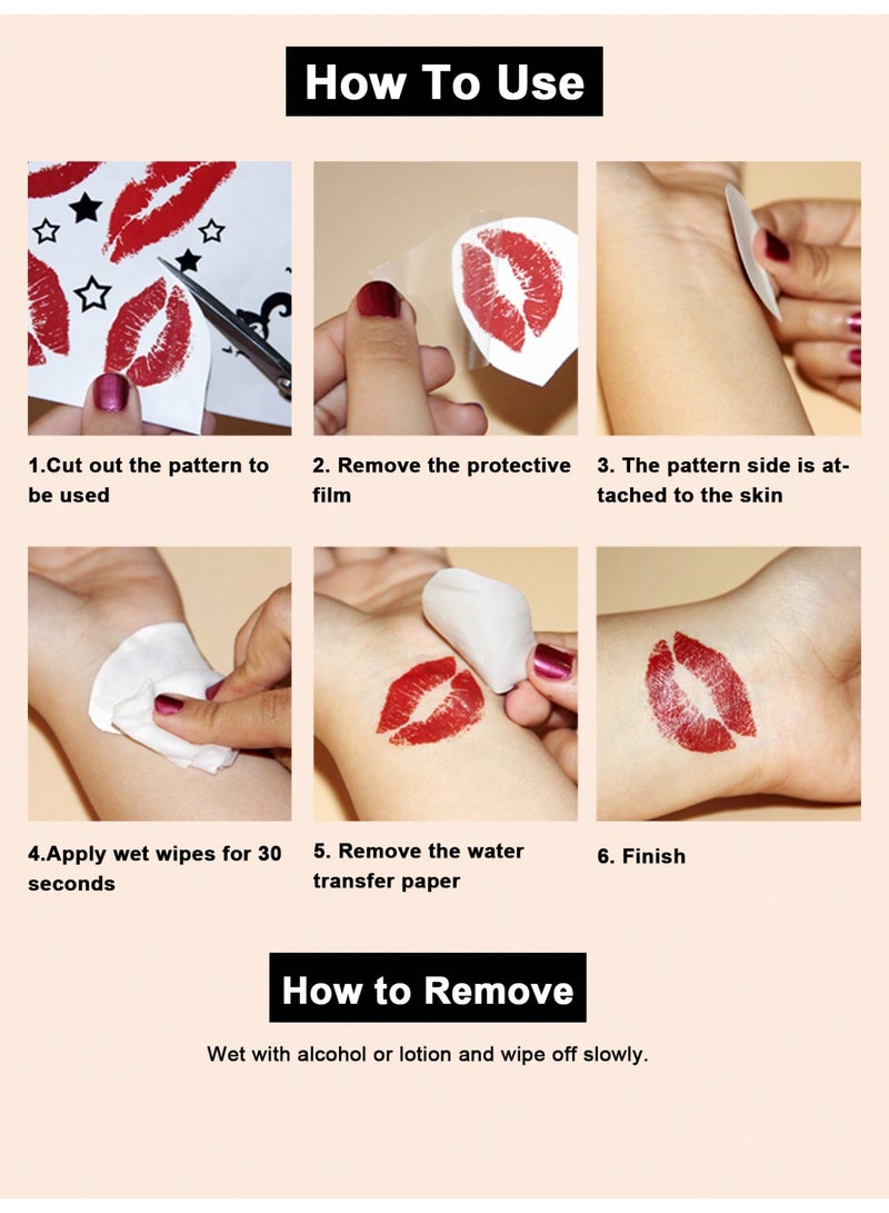 ميأميأ 4 قطع من ملصقات الوشم المؤقتة الكبيرة للنساء، وشم مؤقت بتصميم ثلاثي الأبعاد، يشتمل على طبعة شفاه حمراء، فراشة، وردة، فراولة، وتوت، يعتمد على قاعدة مائية، يدوم من 2 إلى 5 أيام، يمكن استخدامها على الذراعين، المعصمين، الكتفين، الساقين، الخصر، الرقبة، اليدين، الصدر، الأفخاذ، باللون الأحمر - Image 2