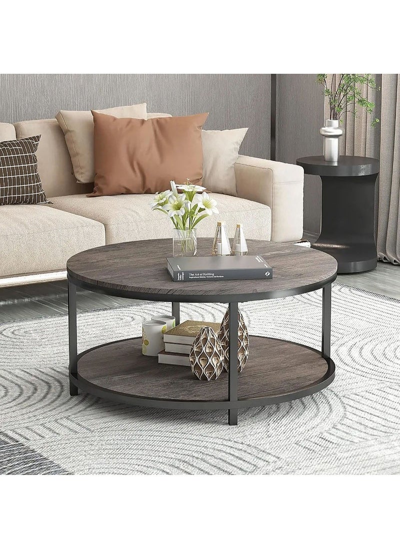 AGD Living Room Rustic Wooden Coffee Table 2 Layers Sturdy Metal Legs Table Spacious Round Top Coffee Table with Storage Shelf  - Image 1