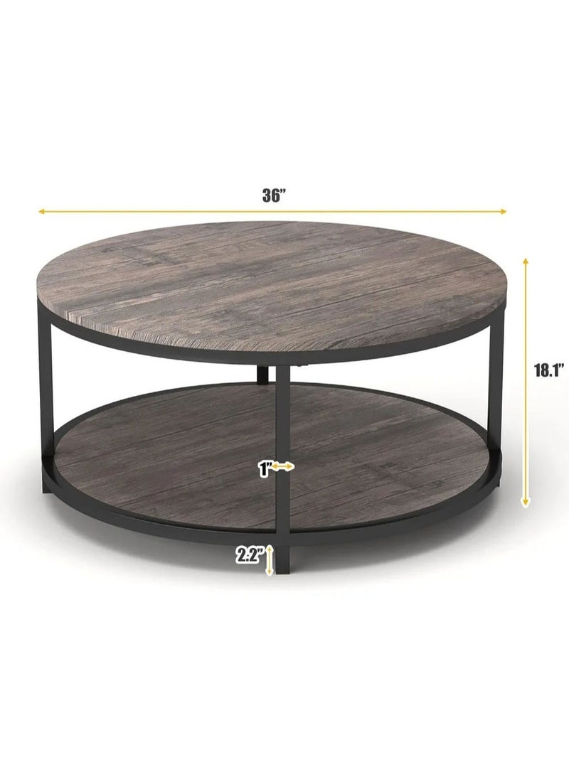 AGD Living Room Rustic Wooden Coffee Table 2 Layers Sturdy Metal Legs Table Spacious Round Top Coffee Table with Storage Shelf  - Image 4