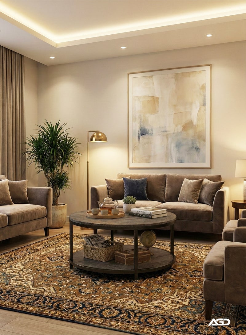 AGD Living Room Rustic Wooden Coffee Table 2 Layers Sturdy Metal Legs Table Spacious Round Top Coffee Table with Storage Shelf - Image 4