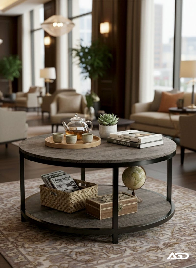 AGD Living Room Rustic Wooden Coffee Table 2 Layers Sturdy Metal Legs Table Spacious Round Top Coffee Table with Storage Shelf - Image 5