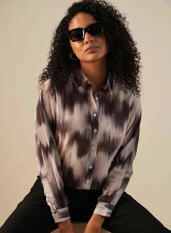 globus Globus Black Brushed Print Georgette Workwear Shirt