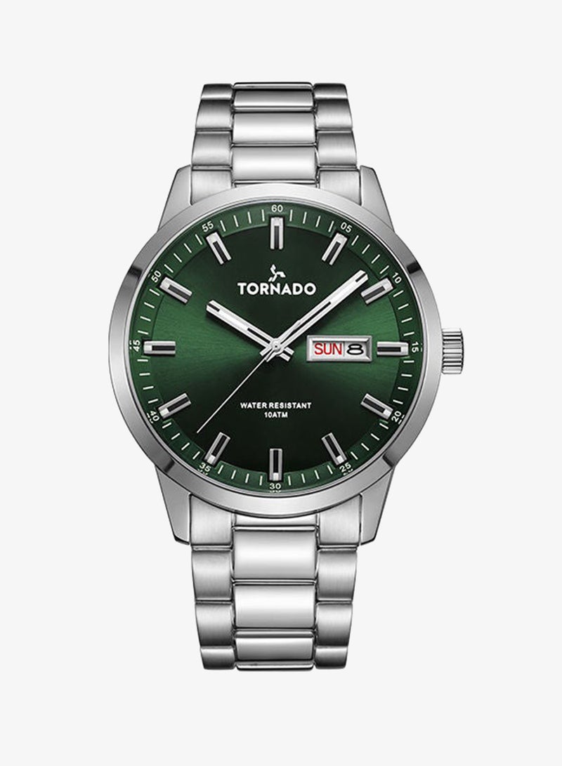 TORNADO Men's  Solid Stainless Steel,Brushed Outer Links, Polished Center Links 3H with day-date Display Watch T23001-SBSG - 43mm mm - Image 1