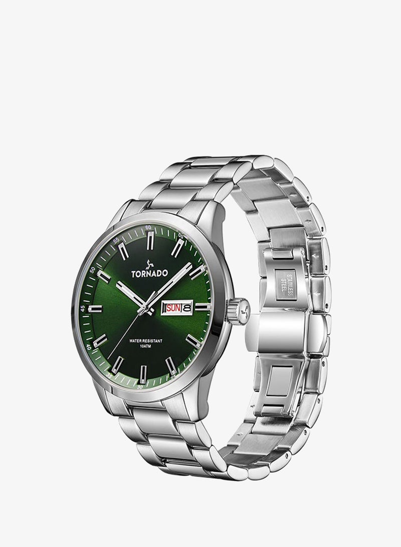 TORNADO Men's  Solid Stainless Steel,Brushed Outer Links, Polished Center Links 3H with day-date Display Watch T23001-SBSG - 43mm mm - Image 2