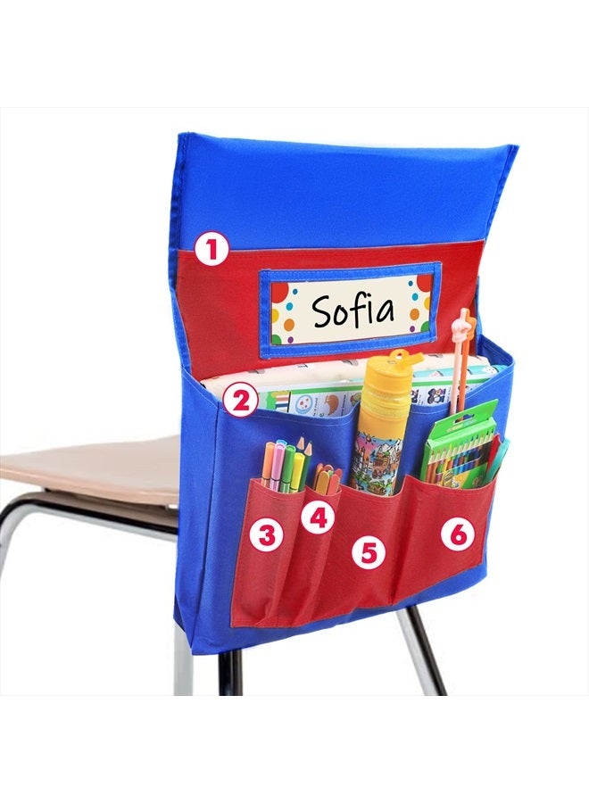 AUVCAS Chair Back Pocket School Seat Chair Storage Pocket Organizer with Label Slot Multiple Pockets for School Home Classroom Preschool Daycare (Red+Blue) - Image 1