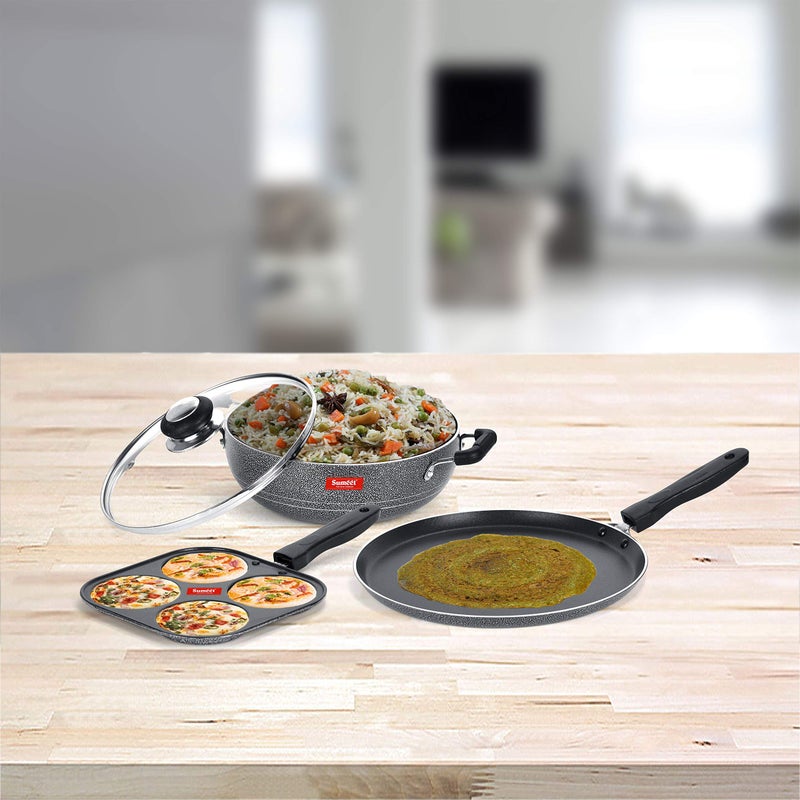 Sumeet NonStick Kelabu Cookware Set (Dosa Tawa - 26.5Cm Dia + Kadhai with Glass Lid -2Ltr - 22Cm Dia + Mini Multi Snack Maker - 4 Cavity -19.5cm) - Image 2