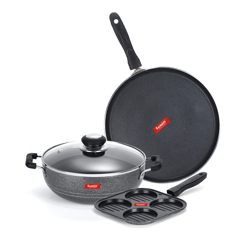 Sumeet NonStick Kelabu Cookware Set (Dosa Tawa - 26.5Cm Dia + Kadhai with Glass Lid -2Ltr - 22Cm Dia + Mini Multi Snack Maker - 4 Cavity -19.5cm) - Image 1