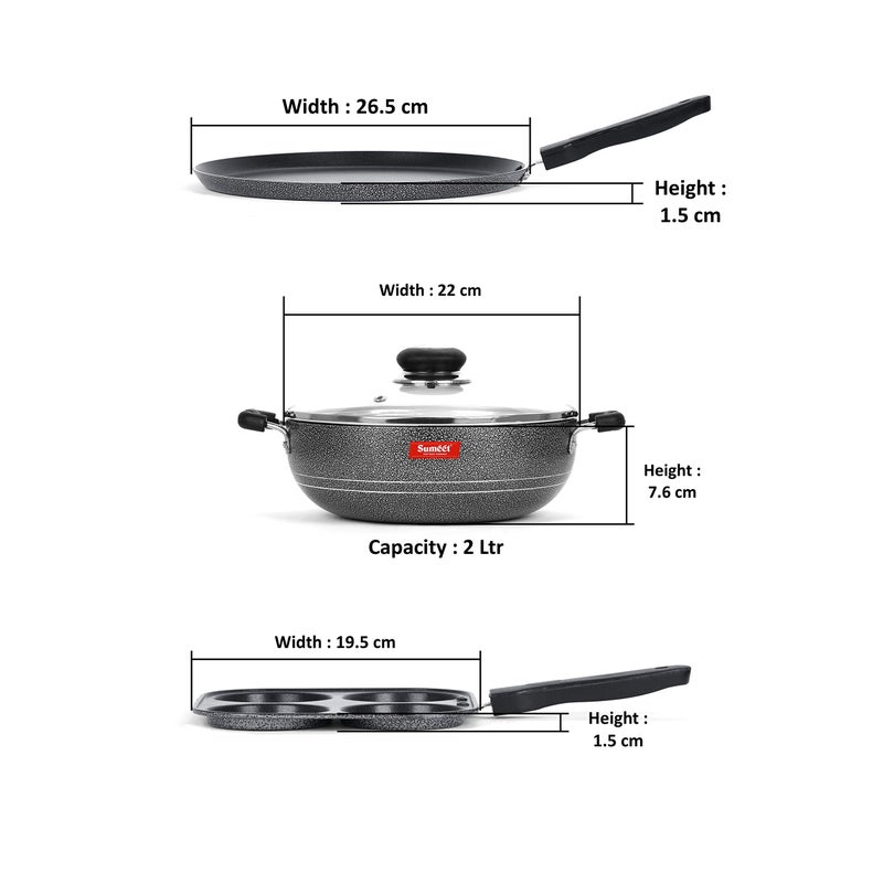 Sumeet NonStick Kelabu Cookware Set (Dosa Tawa - 26.5Cm Dia + Kadhai with Glass Lid -2Ltr - 22Cm Dia + Mini Multi Snack Maker - 4 Cavity -19.5cm) - Image 4