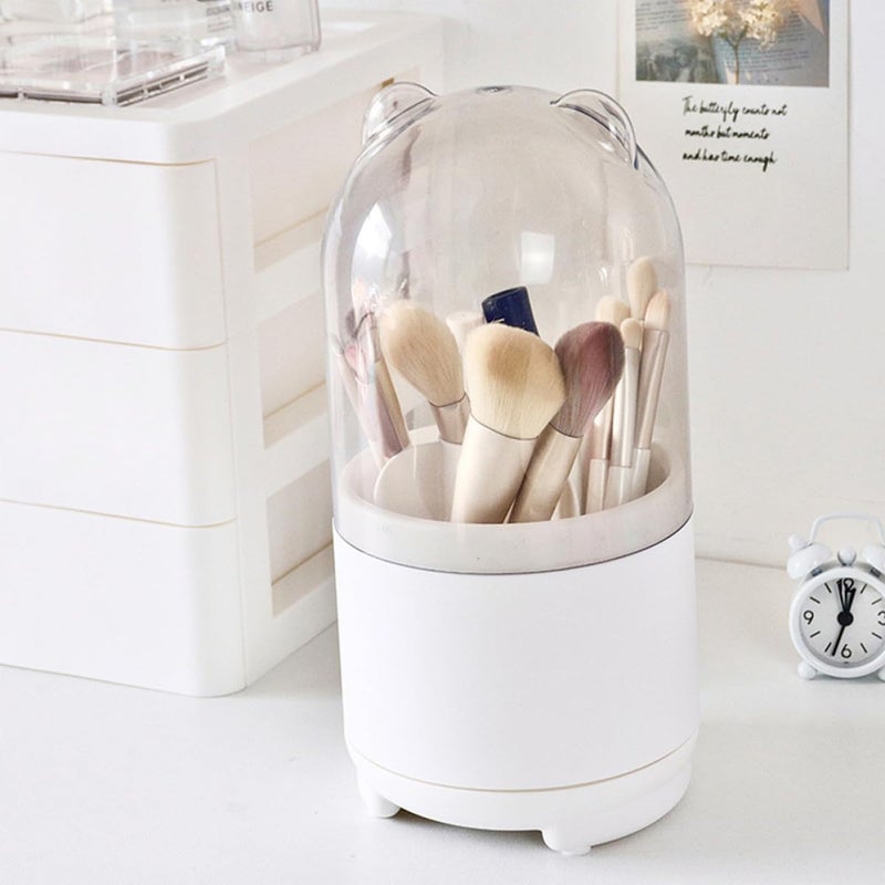 Makeup Brush Holder with Cover Rotating Desktop Organizer White Lid Dustproof Makeup Brush Storage Box for Vanity and Bathroom Accessories - Image 4