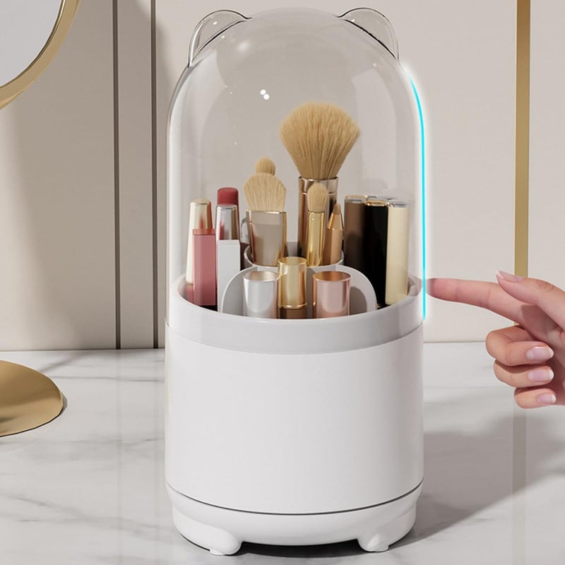 Makeup Brush Holder with Cover Rotating Desktop Organizer White Lid Dustproof Makeup Brush Storage Box for Vanity and Bathroom Accessories - Image 2