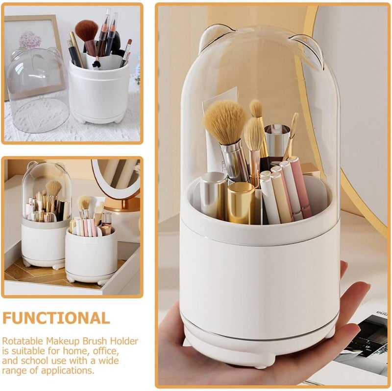 Makeup Brush Holder with Cover Rotating Desktop Organizer White Lid Dustproof Makeup Brush Storage Box for Vanity and Bathroom Accessories - Image 3
