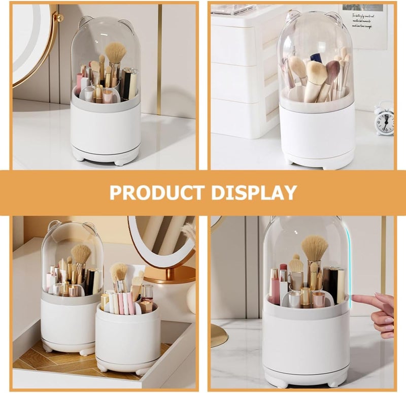 Makeup Brush Holder with Cover Rotating Desktop Organizer White Lid Dustproof Makeup Brush Storage Box for Vanity and Bathroom Accessories - Image 1