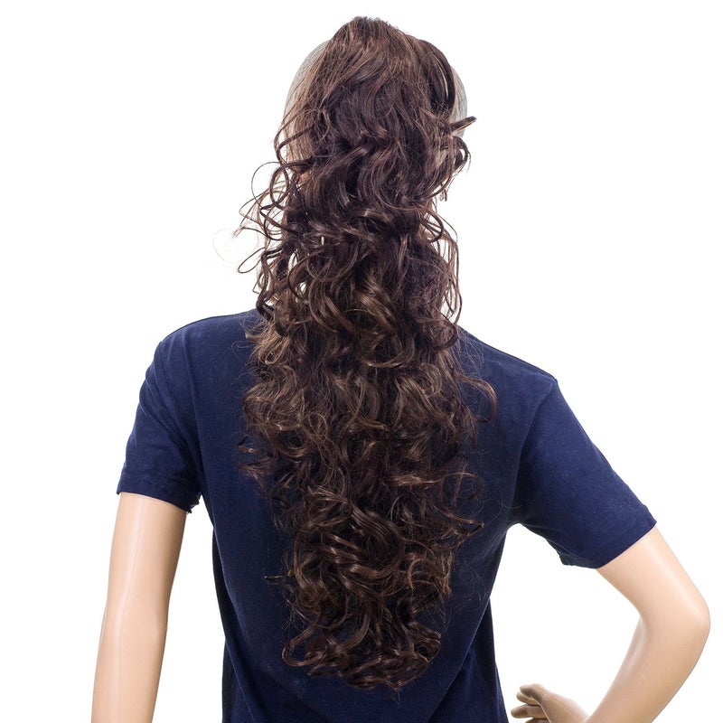 SWACC 24Inch Long Messy Curls Claw Clip Ponytail Extensions Synthetic Drawstring Curly Ponytail Hairpiece Jaw Clip Hair Extensions Black Auburn Mixed1B33