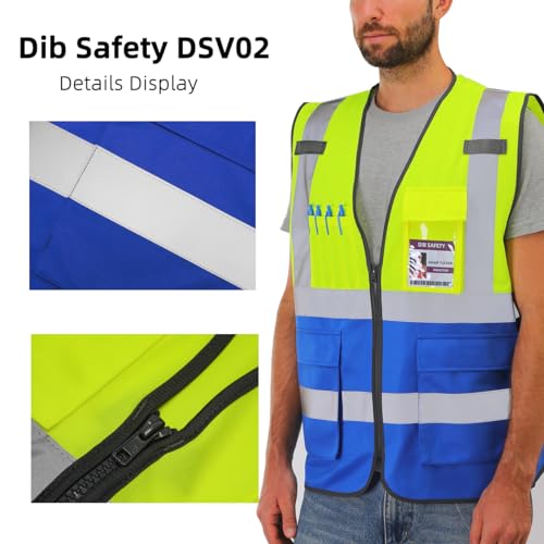 Dib Safety Reflective Vest High Visibility with Pockets and Zipper, Yellow and Blue 4XL - Image 5
