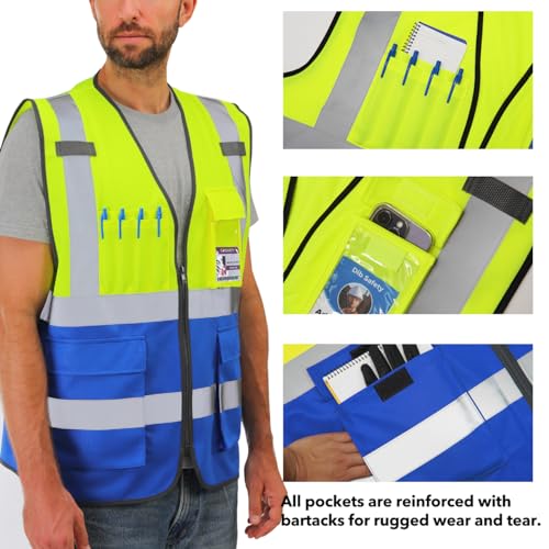Dib Safety Reflective Vest High Visibility with Pockets and Zipper, Yellow and Blue 4XL - Image 4