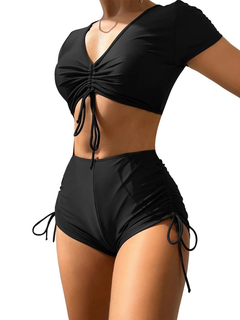 Lilosy High Waisted Tummy Control Drawstring Bikini Set Srting Swimsuit Short Sleeve Top and Tie Side Shorts 2 Piece Women Bathing Suit Black 2# Medium - Image 1